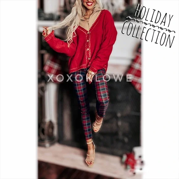 POL Red Button Front Cardigan with Sparkly Gold Trim - Picture 5 of 15